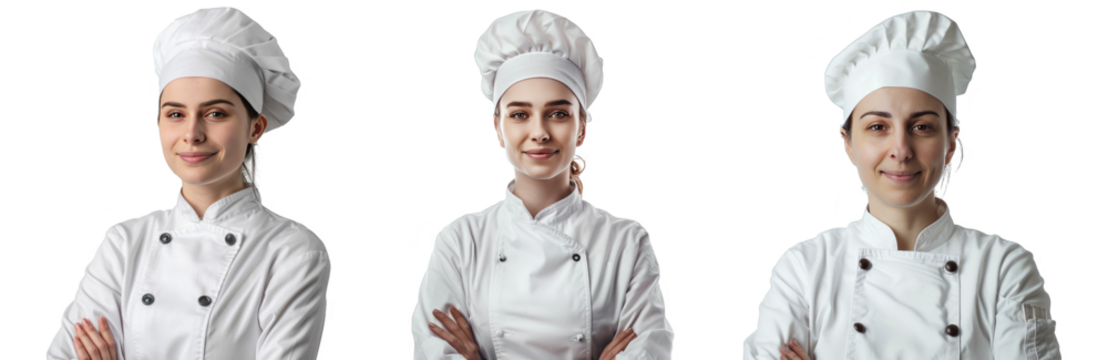 Portrait Collection of woman chef with a satisfied face isolated on a white background as transparent PNG

