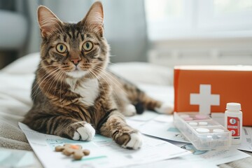 Сute cat with a bandaged paw is lying on the table with a first aid kit. Picture of veterinary care, animal care, first aid for animals, pet insurance, animal pharmacy, treatment and care for pets.