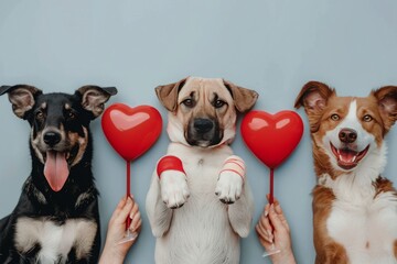 Happy dogs and human hands with heart-shaped IV drips. Conceptual illustration of blood donation for animals, blood transfusion in pets, life insurance, veterinary medicine. - obrazy, fototapety, plakaty