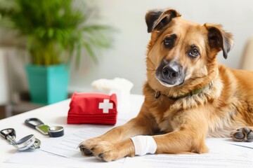 Dog with bandaged paw lies on the table with first aid kit and documents on animal insurance. Conceptual image of emergency care for pets, animal treatment, veterinary medicine, life insurance.