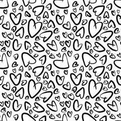 Seamless abstract celebrating pattern with hearts. Simple background in black and white colors. Digital texture. Design for textile fabrics, wrapping paper, background, wallpaper, cover.