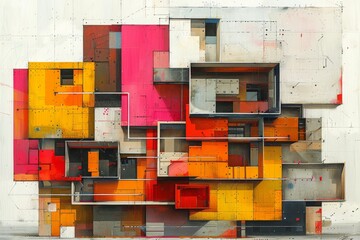 Colorful geometric abstraction with a layered block design in shades of red, orange, yellow, and...