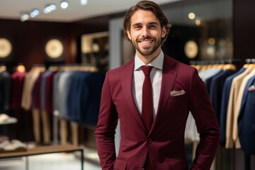 A man in dynamic and bright clothing who confidently selects stylish and colorful outfits. A fashion boutique showcasing innovative menswear - obrazy, fototapety, plakaty