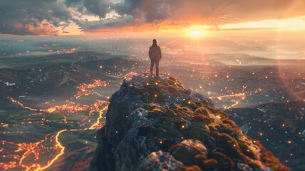 Adventurous person on a mountain at sunset - A lone figure stands on the peak of a mountain, looking out over a vast landscape bathed in the golden light of sunset