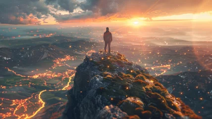 Foto auf Acrylglas Adventurous person on a mountain at sunset - A lone figure stands on the peak of a mountain, looking out over a vast landscape bathed in the golden light of sunset © Mickey