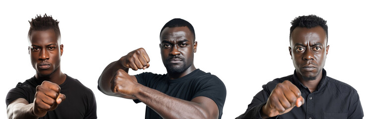 Portrait Collection of black man in black shirt with fist bump pose isolated on a white background as transparent PNG

