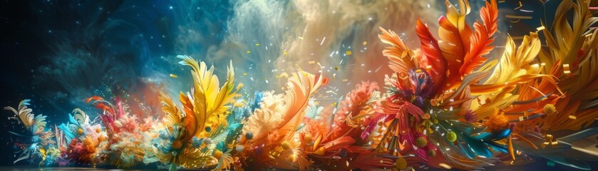 Abstract explosion of colorful flower petals - A visually captivating abstract display of colorful flower petals bursting with vitality and movement - obrazy, fototapety, plakaty