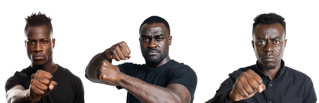 Portrait Collection of black man in black shirt with fist bump pose isolated on a white background as transparent PNG
- Powered by Adobe