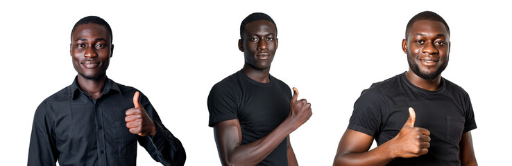 Portrait Collection of black man in black shirt with thumbs-up pose isolated on a white background as transparent PNG
 - obrazy, fototapety, plakaty