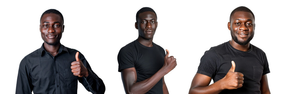 Portrait Collection of black man in black shirt with thumbs-up pose isolated on a white background as transparent PNG
