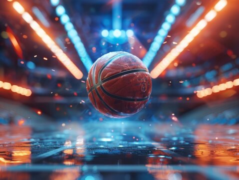 Dynamic Basketball on Court with Neon Lights - A vibrant image capturing a spinning basketball illuminated by dynamic neon lighting reflecting on a glossy court surface