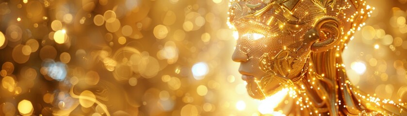 Golden digital art portrait with glittering facets - A face sculpted in golden digital facets shines amidst a bokeh of glittering lights, embodying innovation - obrazy, fototapety, plakaty