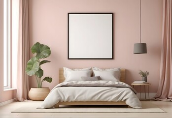 A blank poster frame in a bedroom, generative AI