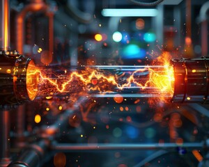 High-tech energy pipe with orange plasma - Futuristic energy tube with orange glowing lights, sparks, and plasma, symbolizing power, innovation, and technology