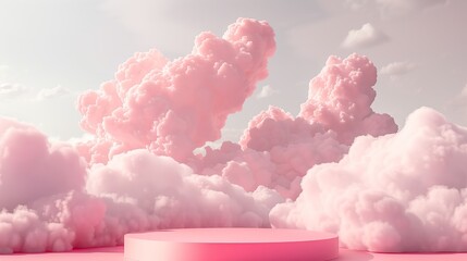 Background with pink podium. The sky platform with pastel clouds. Generated by artificial intelligence.