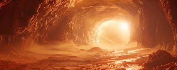Mysterious Glowing Cave on Alien Planet - A breathtaking vast cave on an alien planet with a warm glowing light creating a sense of exploration and otherworldly mystery - obrazy, fototapety, plakaty