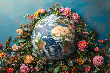 Obraz na płótnie Canvas Globe adorned with flowers and leaves on blue backdrop, Earth Day