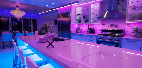 Futuristic kitchen, holographic countertops, touch-screen appliances, and color-changing lighting.