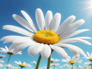 Skyward Grace: A delicate daisy, its white petals a stark contrast against the clear blue sky, reaches for the sun, embodying nature's simple elegance. generative AI
