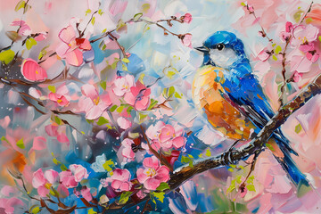 Beautiful birds in cherry blossoms sing about spring. Oil painting with large strokes, and delicate colours. Background, wallpaper, card, invitation, banner, poster, flyer.
