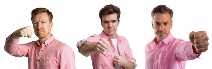 Portrait Collection of white man in pink shirt with fist bump pose isolated on a white background as transparent PNG
