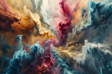 A dynamic abstract painting resembling a swirling storm with rich textures and a blend of cool and warm tones. - obrazy, fototapety, plakaty