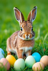 Fototapeta na wymiar cute bunny on a meadow beside easter eggs. generative ai