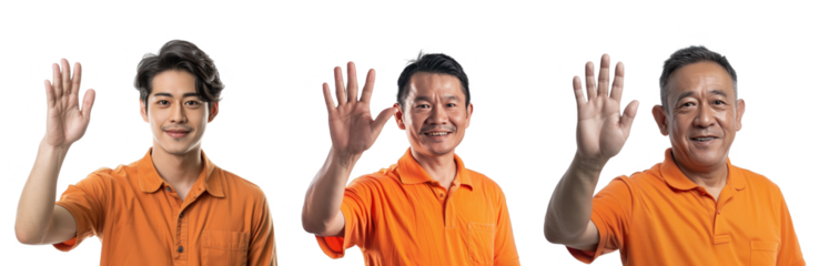 Portrait Collection of asian man in orange shirt with waving hand pose isolated on a white background as transparent PNG
