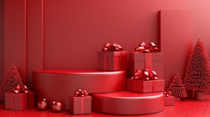 Background with red gift box products stand by podium. Contemporary podium stage for e-comerse. Generated by artificial intelligence.