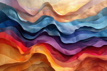 Waves of colorful layers resembling a topographic map with rich, warm hues transitioning to cool tones. - obrazy, fototapety, plakaty