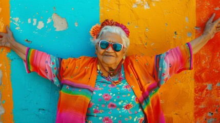 Cheerful senior woman in front of a painted wall