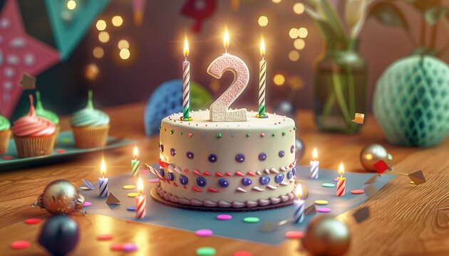 a beautiful birthday cake on the table with the big-sized number "2" written on top of the cake and burning candles around it with birthday decorations in the background slightly blurred.