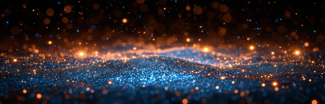 Abstract blue background with highlights and bokeh, reminiscent of frosty winter air or a starry sky.
Concept: background for events related to cold, space or the magic of winter. Banner, copy space