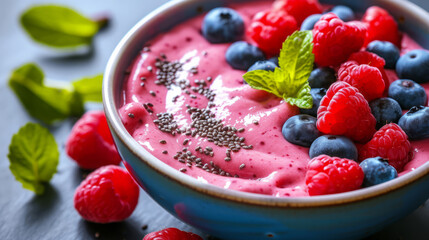 Fresh smoothie bowl topped with ripe berries