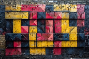 A gritty geometric street art piece in black, yellow, and red, depicting a patchwork of textured...