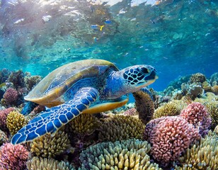 blue tortoise swimming in the ocean over coral reef