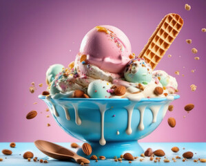 ice cream in blue bowl