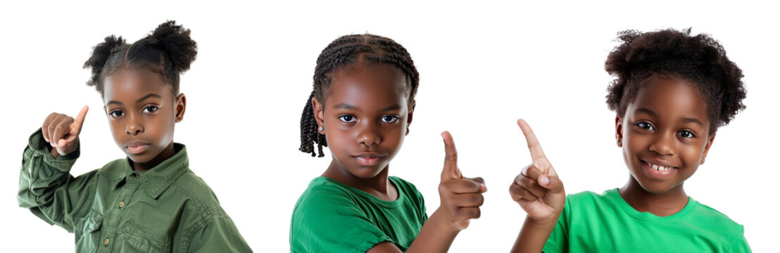 Portrait Collection of young black girl in green shirt with pointing finger hand pose isolated on a white background as transparent PNG

