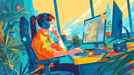 Illustration of a person working hard in front of the computer. Depict a full of tasks environment. - obrazy, fototapety, plakaty