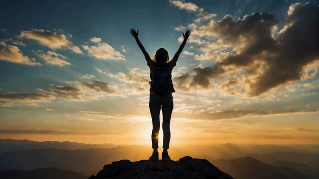 silhouette of a lone woman standing on top of a mountain with her arms stretched towards the sky in the glowing sun to celebrate her success