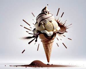 ice cream chocolate covered  cone with chocolate sphing and topping