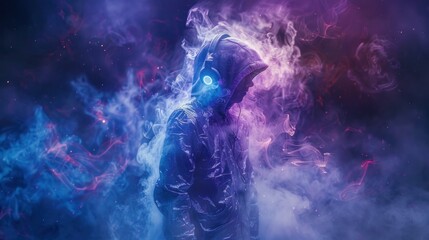 A full-length photograph of a human figure made from smoke. Wearing a purple hoodie and headphones. There are blue and purple lights. - obrazy, fototapety, plakaty