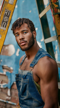 Vertical portrait of a young laborer construction worker in denim overalls, Labor Day poster concept, traditions and hard work of builders