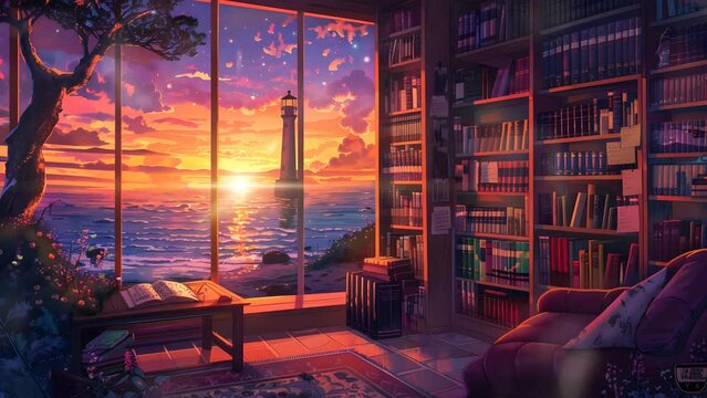 Coastal room with a breathtaking ocean vista, inviting relaxation and serenity. Seamless Looping 4k Video Animation