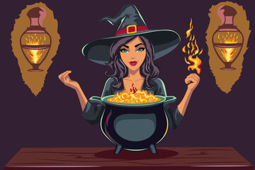 A beautiful witch in a black dress and hat brews a fire potion in a cauldron. - 760014620