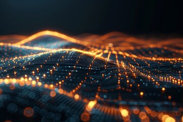 Digital landscape of a dynamic data wave with illuminated orange nodes on a dark grid, symbolizing...