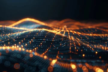 Tuinposter Digital landscape of a dynamic data wave with illuminated orange nodes on a dark grid, symbolizing network connectivity. © Denis Yakovlev