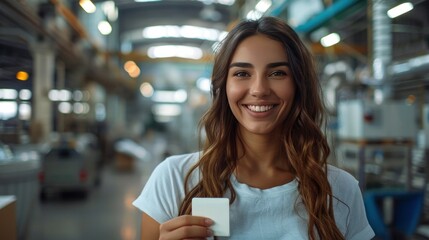 Woman showing employee ID card