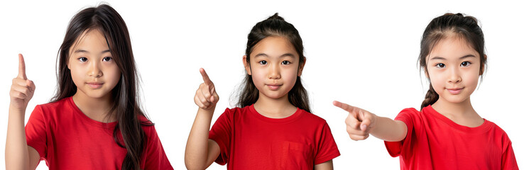 Portrait Collection of young asian girl in red shirt with pointing finger hand pose isolated on a white background as transparent PNG
