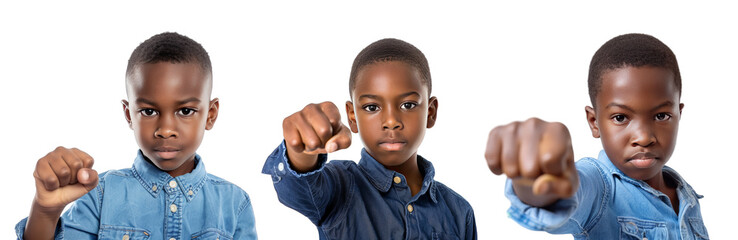 Portrait Collection of young black boy in blue shirt with fist bum pose isolated on a white background as transparent PNG
